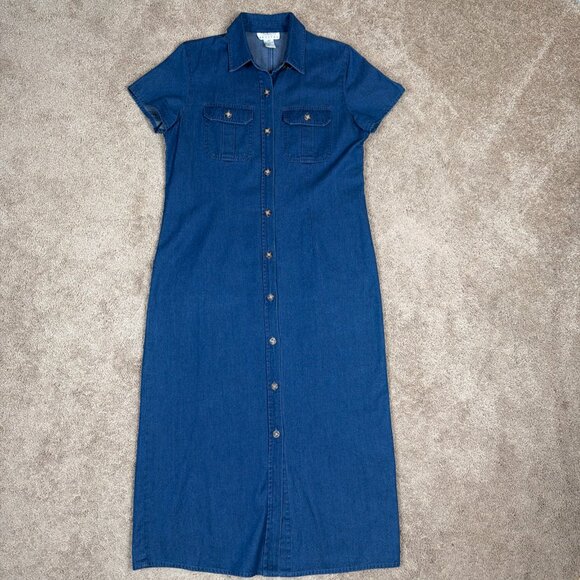 Talbots Petites Maxi Dress Women 10P Blue Denim Button Front Country Prairie Vtg - Picture 1 of 8